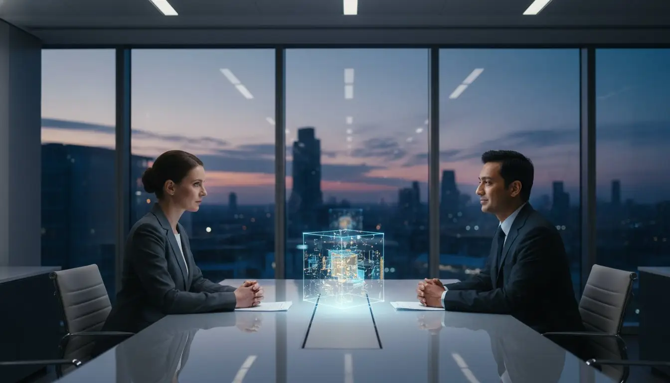 Two professionals in a modern meeting