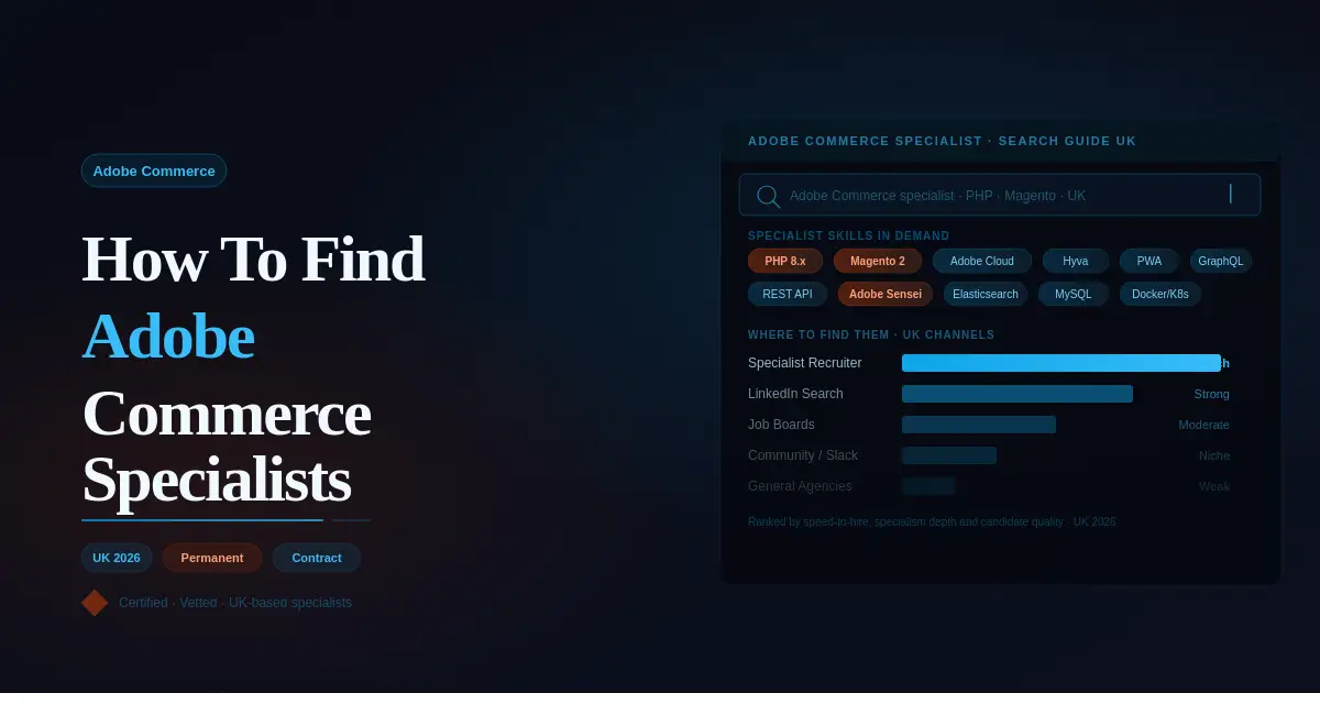 Dark navy featured image for 'How To Find Adobe Commerce Specialists: UK Guide 2026' with a skill tag cloud showing PHP, Magento and Hyva, and a channel comparison chart ranking Specialist Recruiter as the best hiring route.